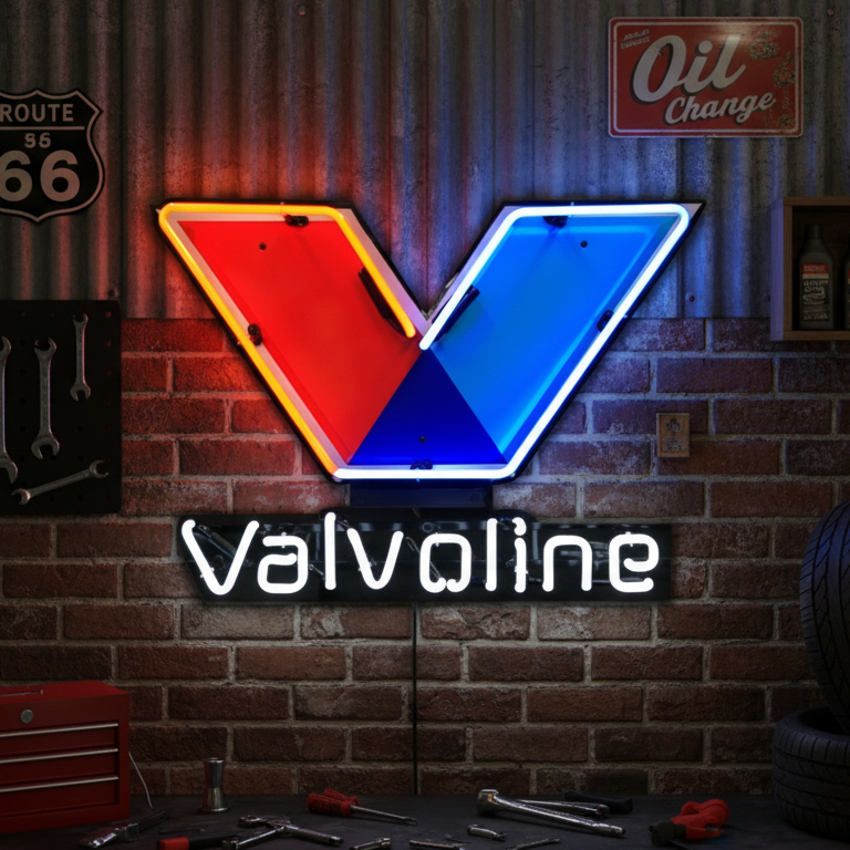 Red, blue, and white Valvoline “V” logo neon sign, ideal for car workshops, man caves, or automotive fans.