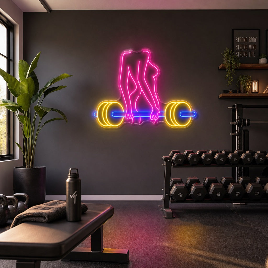 "Nainen Barbell" Neonkyltti