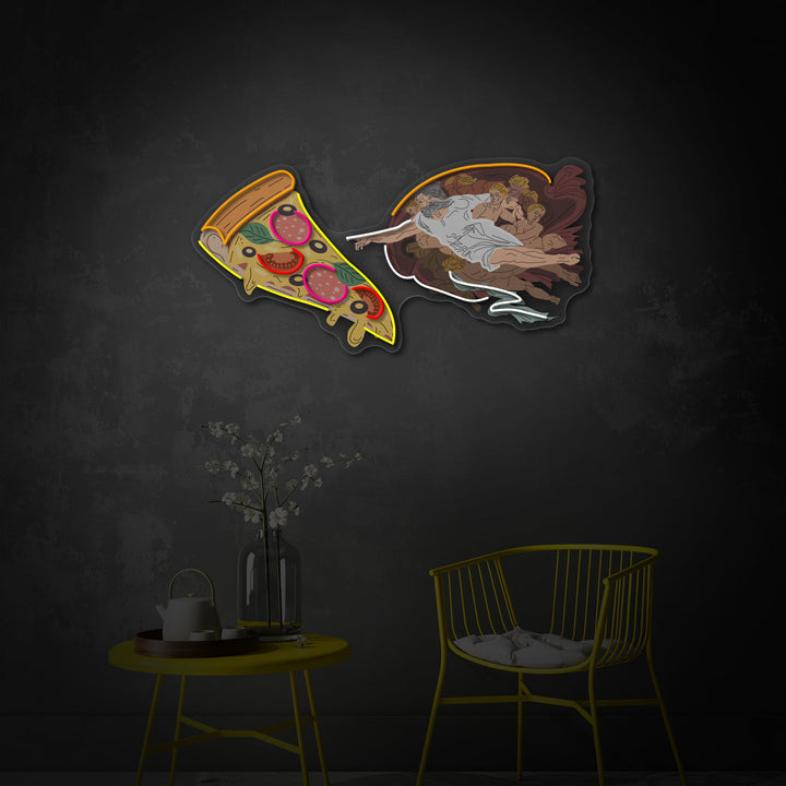 "Adam God teki pizzaa, pikaruokamainosta, ravintolan logoa" UV-tulostettu LED-neonkyltti