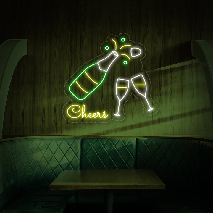 "Samppanjapullo, Samppanjalasit, Cheers" Neonkyltti