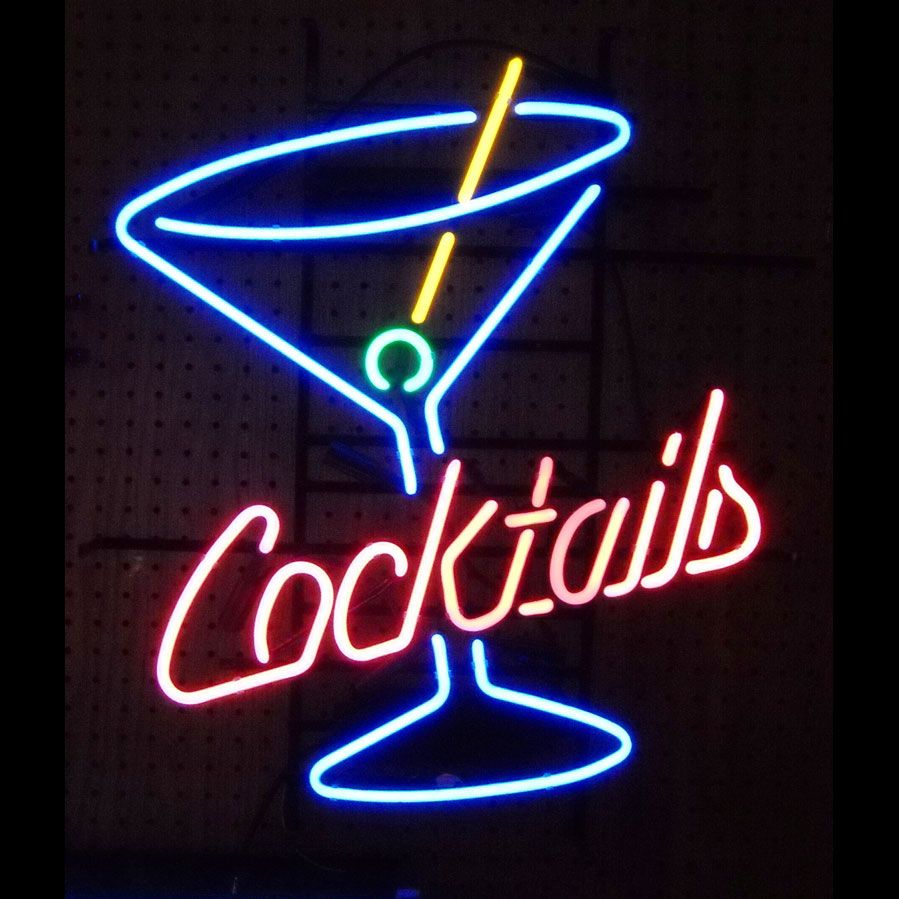 "Cocktails, Martini Lasi, Logo Olut" Neonkyltti