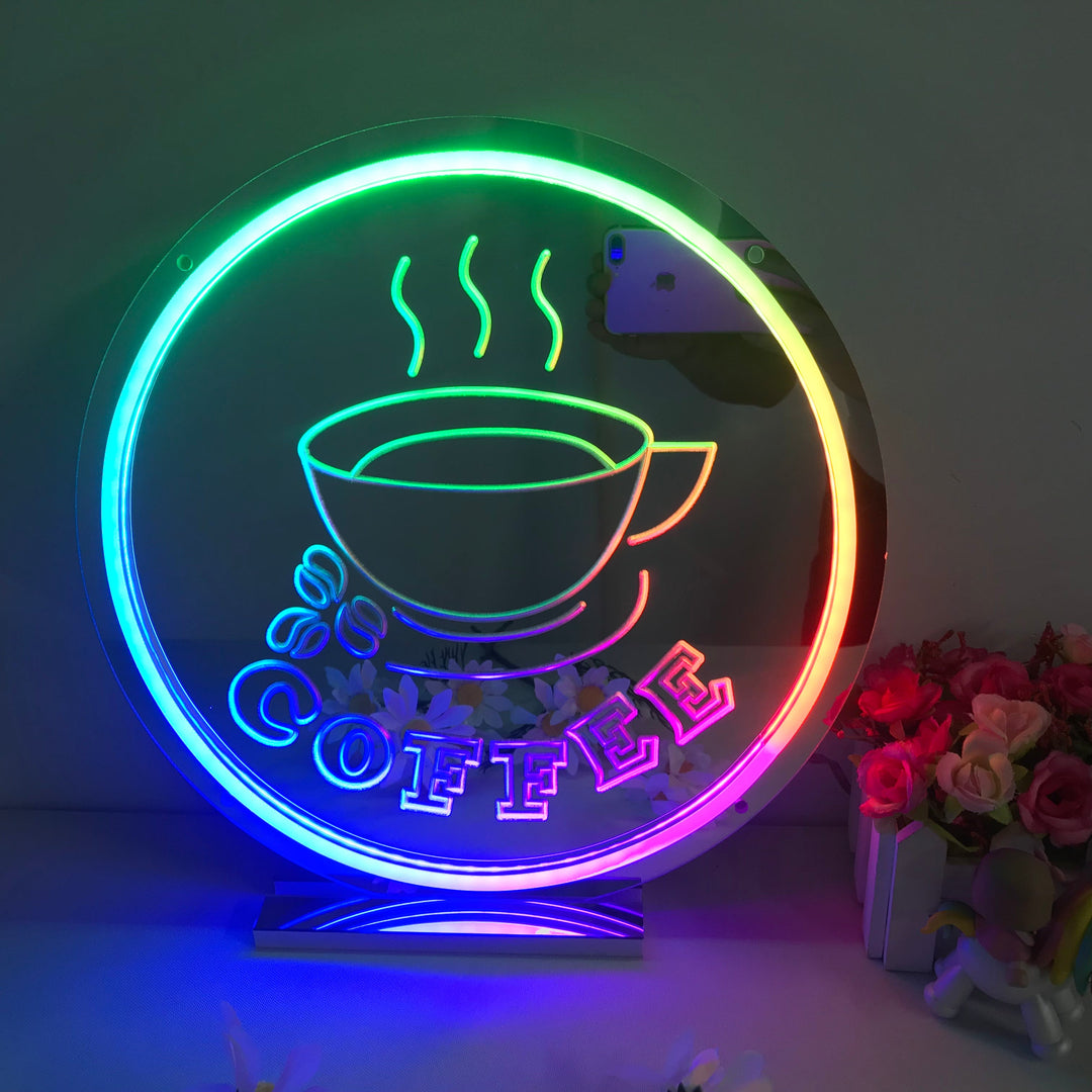 "Coffee, Kuuma Kahvi, Unenomainen Värinmuutos" Peilipohjainen Neonkyltti