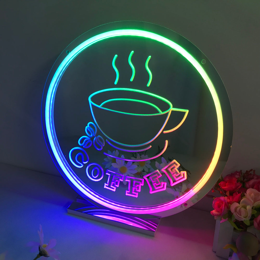 "Coffee, Kuuma Kahvi, Unenomainen Värinmuutos" Peilipohjainen Neonkyltti