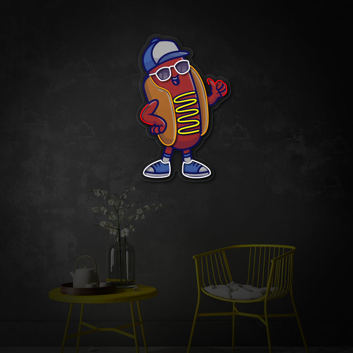 "Viileä hotdog yllään lasit ja hattu, ruoka, ravintola" UV-tulostettu LED-neonkyltti