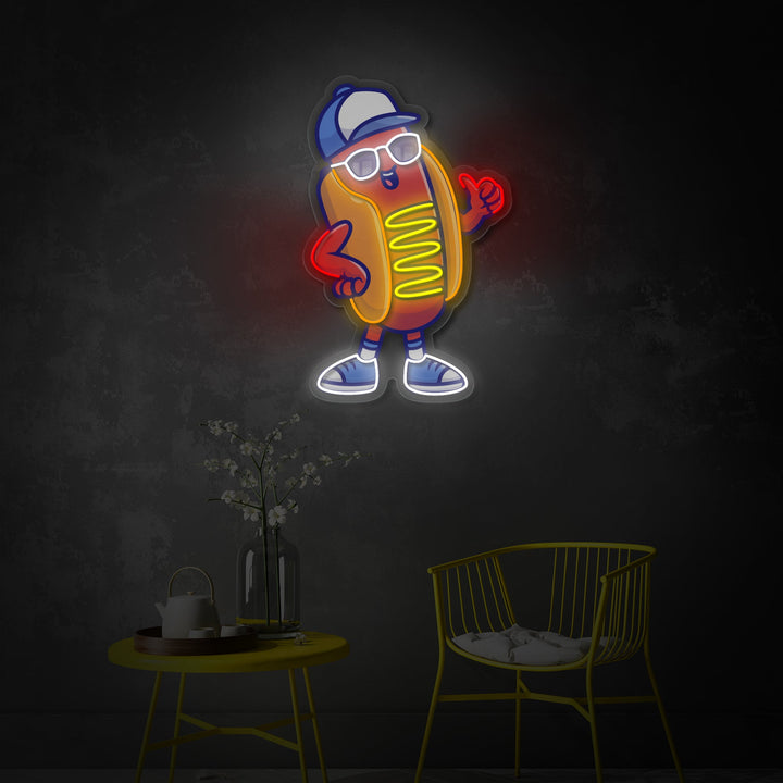 "Viileä hotdog yllään lasit ja hattu, ruoka, ravintola" UV-tulostettu LED-neonkyltti