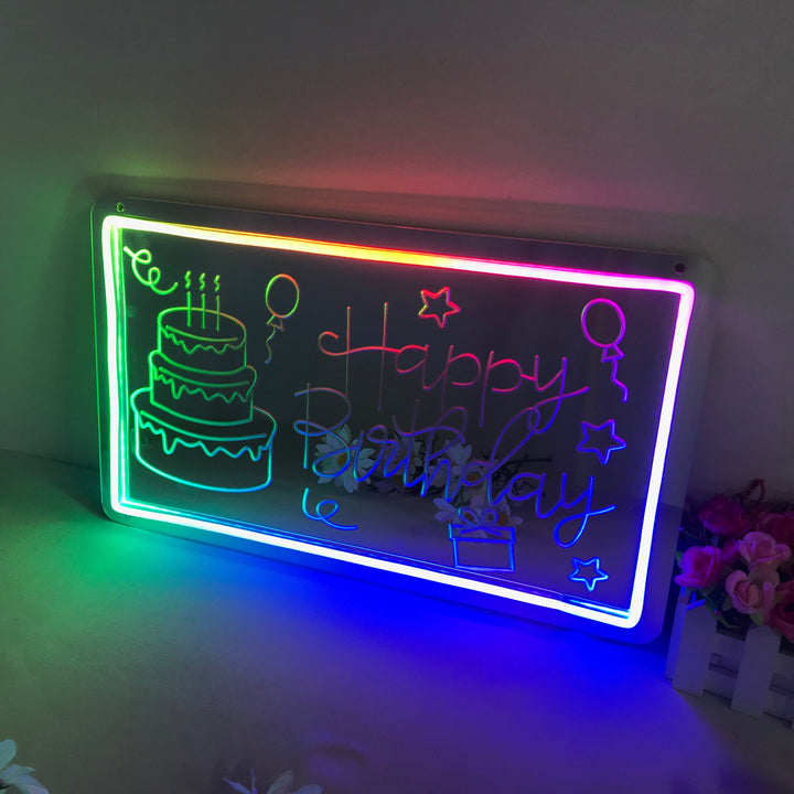 "Happy Birthday, Unenomainen Värinmuutos" Peilipohjainen Neonkyltti