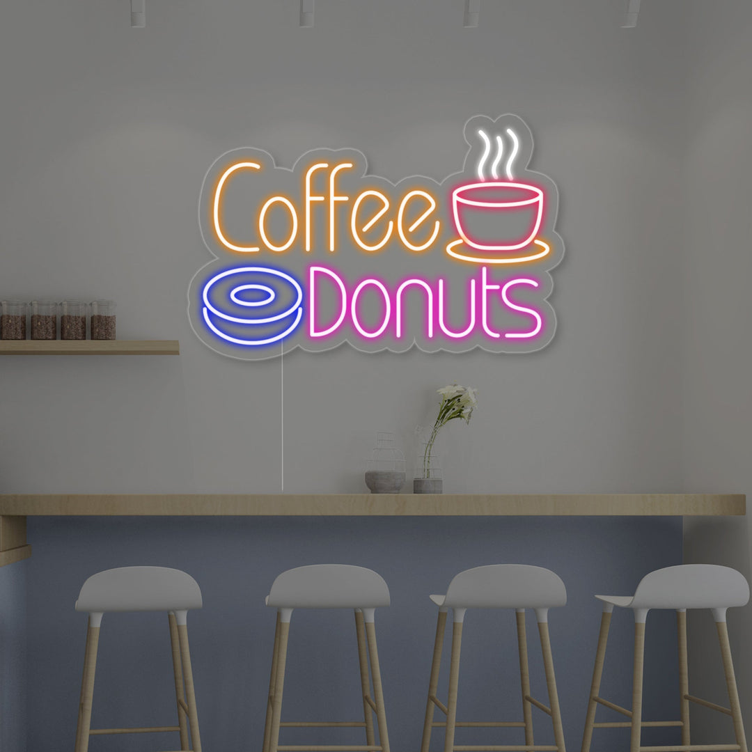 "Kuuma kahvi, Coffee Donuts" Neonkyltti
