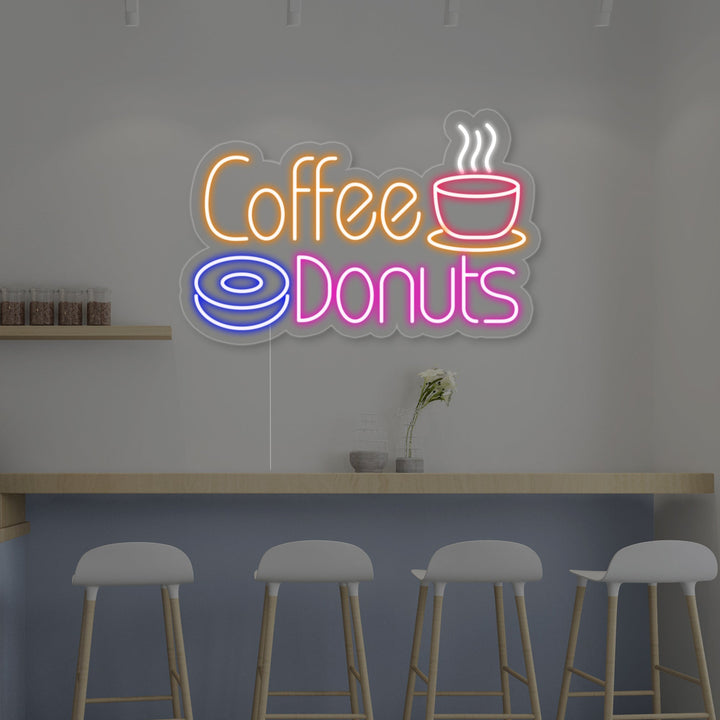 "Kuuma kahvi, Coffee Donuts" Neonkyltti