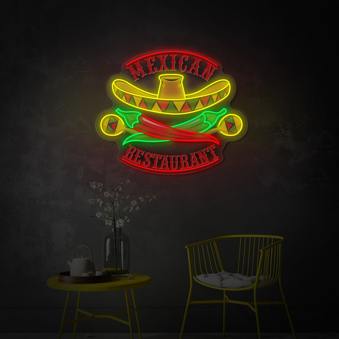 "Meksikolainen ravintola sombrero maracas pippuri" UV-tulostettu LED-neonkyltti