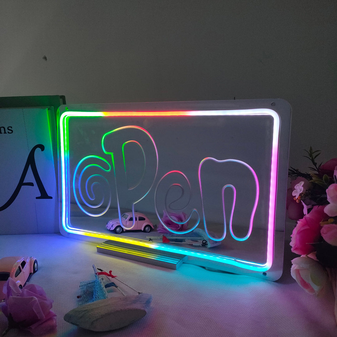 "Open Sign, Unenomainen Värinmuutos" Peilipohjainen Neonkyltti