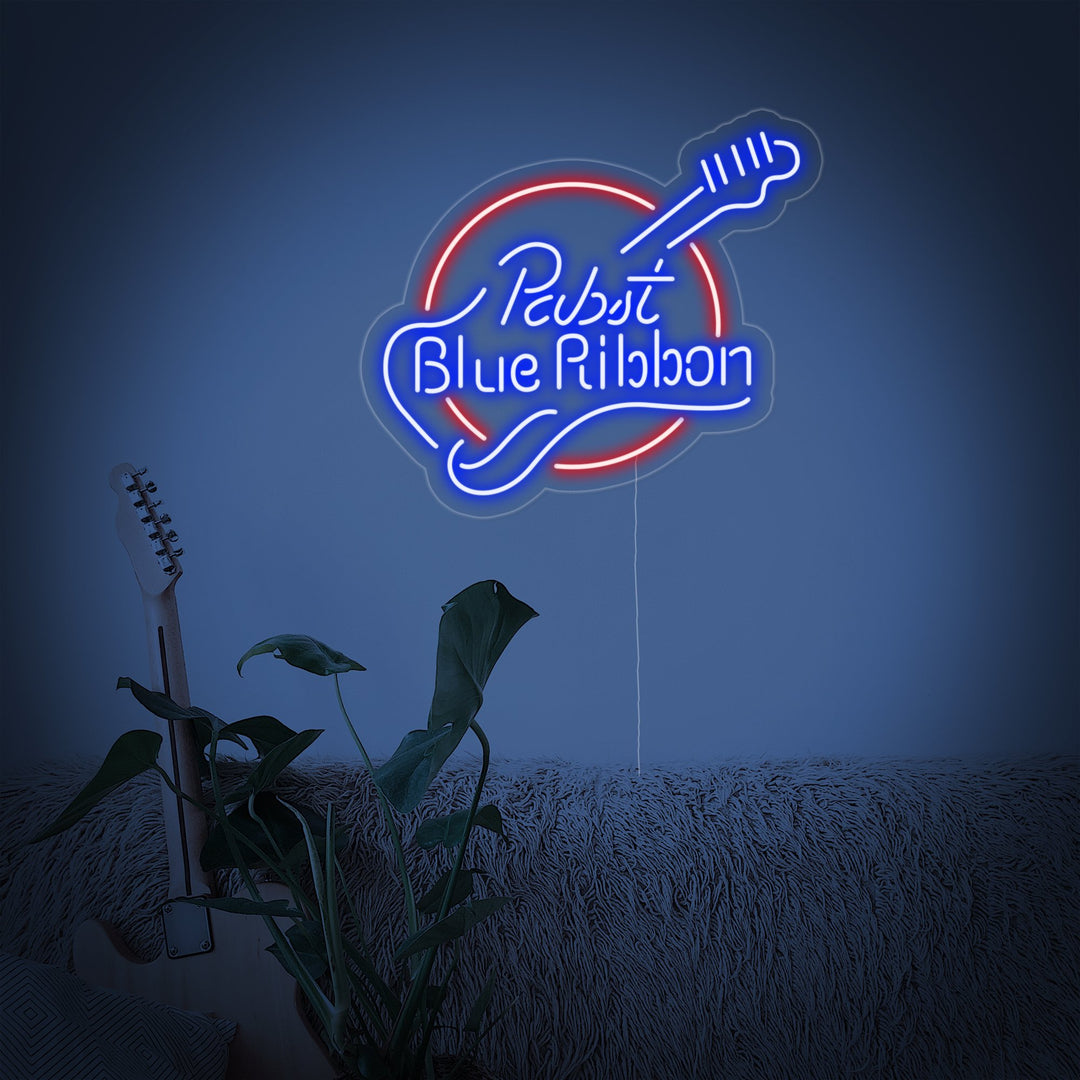 "Pabst Blue Ribbon, Kitara" Neonkyltti