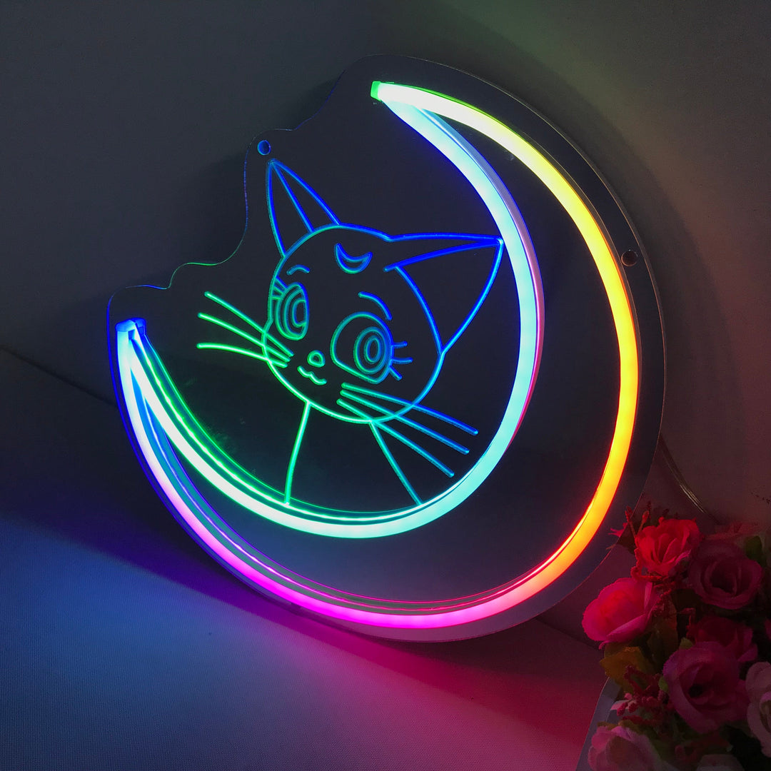 "Sailor Moon Luna, Anime, Unenomainen Värinmuutos" Peilipohjainen Neonkyltti