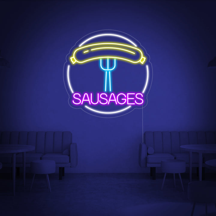 "Sausages, makkara, haarukka" Neonkyltti