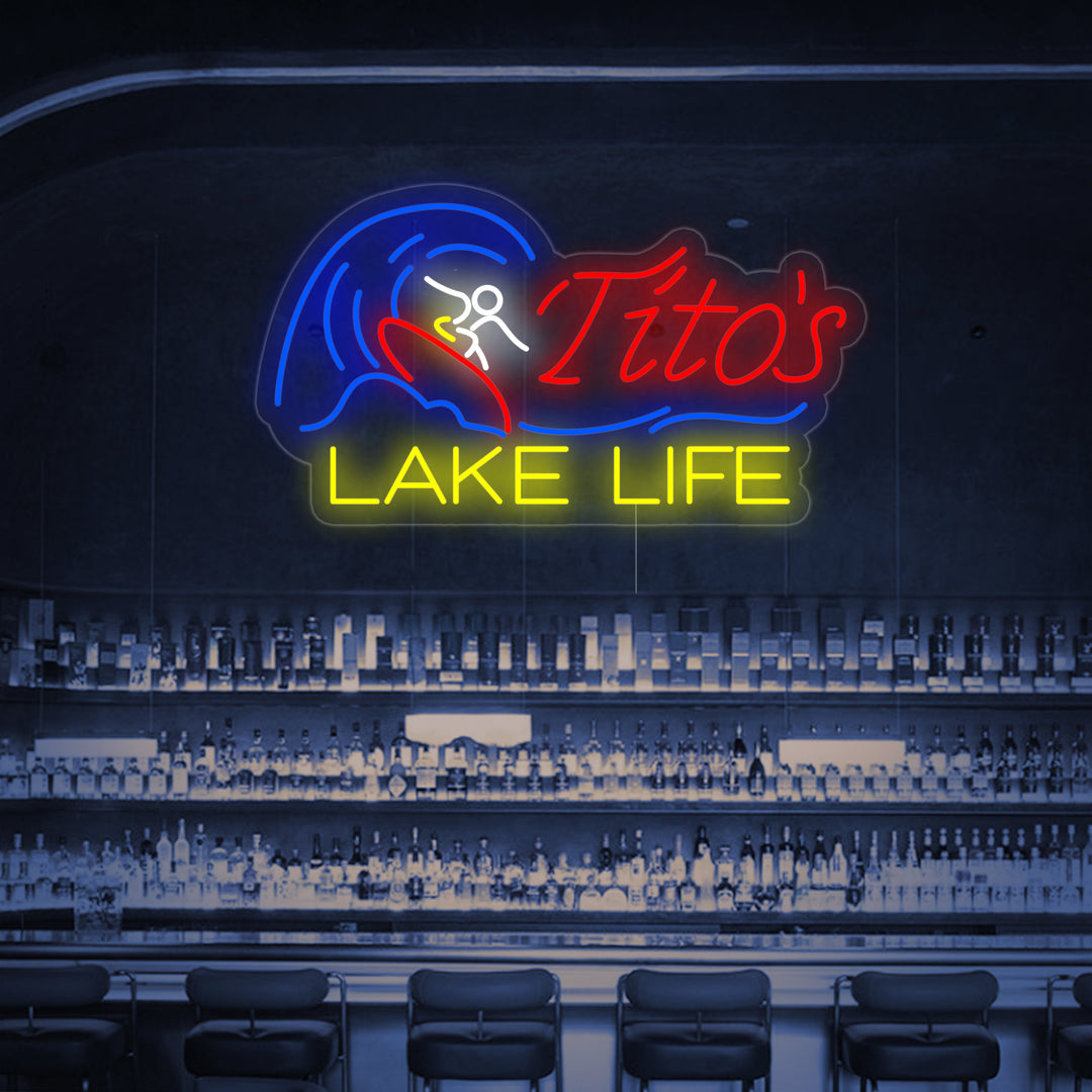"Titos Lake Life Olutbaari" Neonkyltti