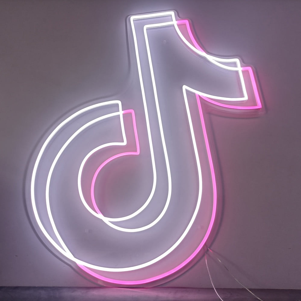Valmis TikTok-logon neonvalomerkki, joka hohtaa valkoisena ja vaaleanpunaisena